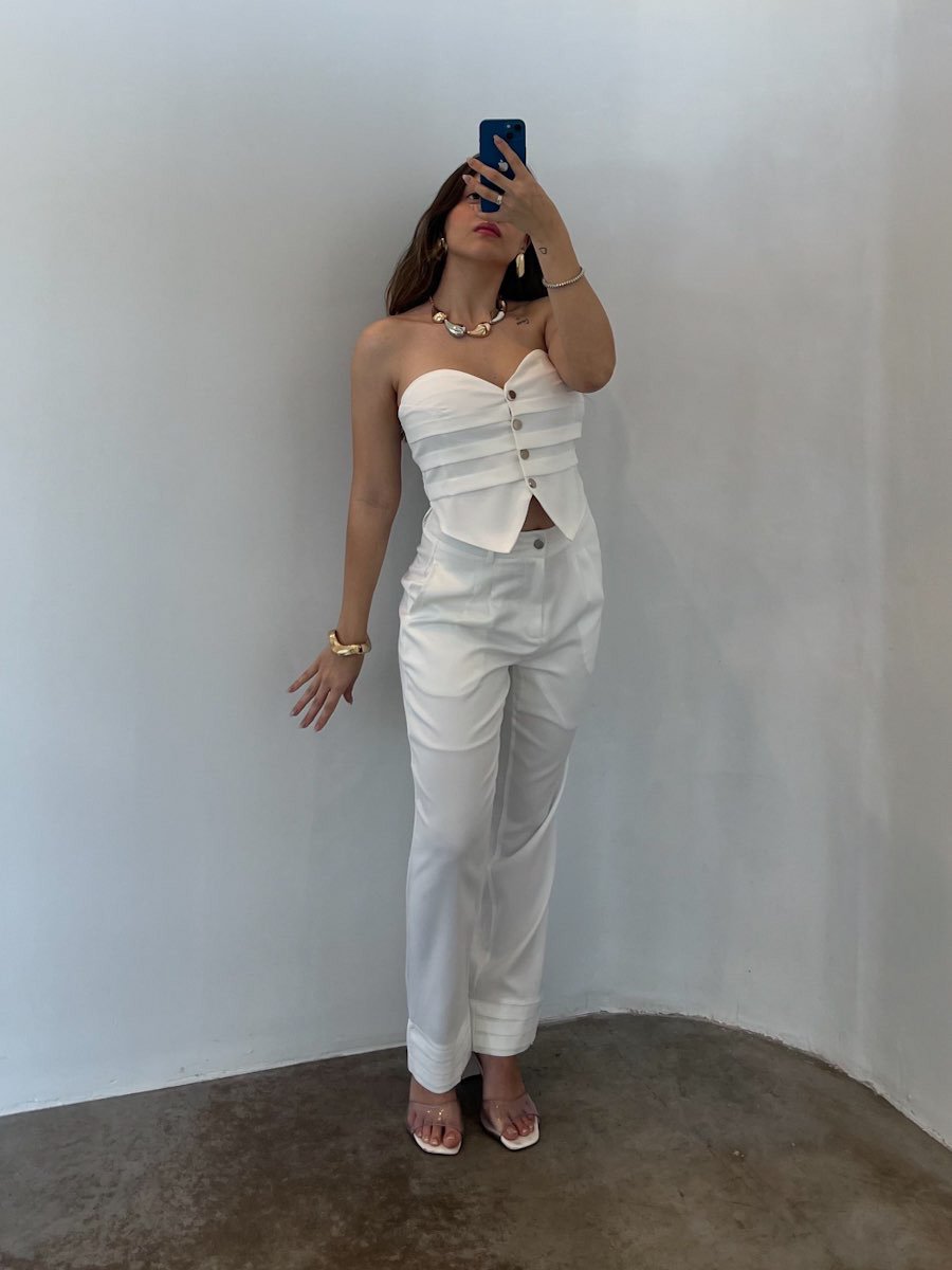 07 conjunto feminino blusa tomara que caia e calca social pietra