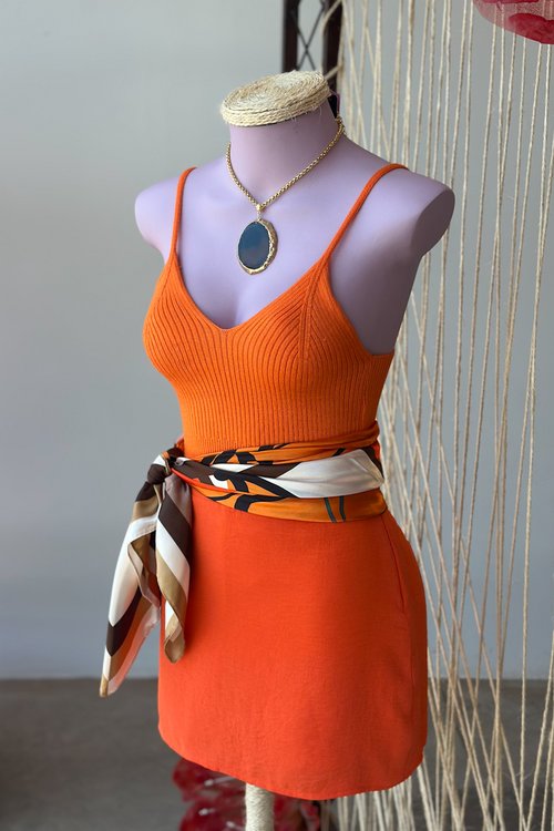 Top Feminino Canelado Alça Fina com Decote V Vanessa - Laranja