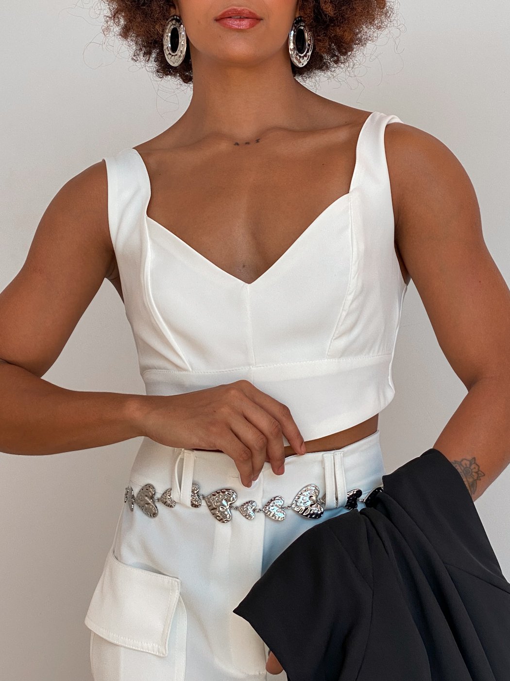 25 conjunto feminino top e saia curta com bolso cargo laura