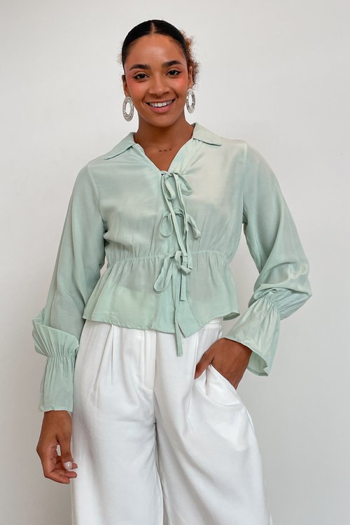 Blusa Feminina Manga Longa com Amarração e Elástico na Cintura Michele - Verde