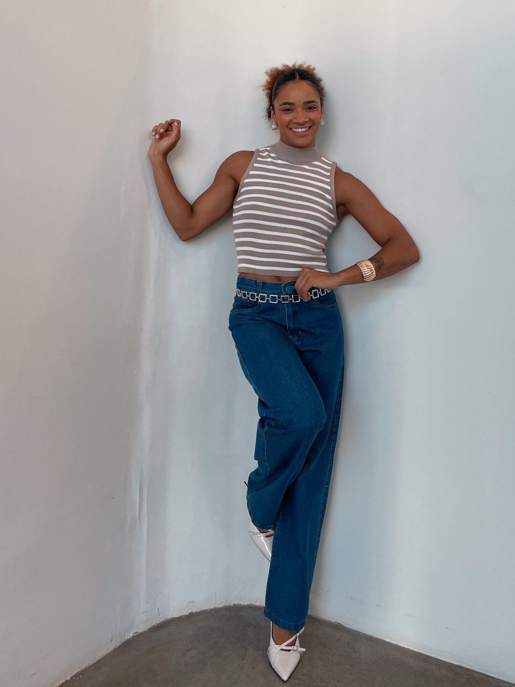23 regata cropped feminina de linha listrada com gola media amelia