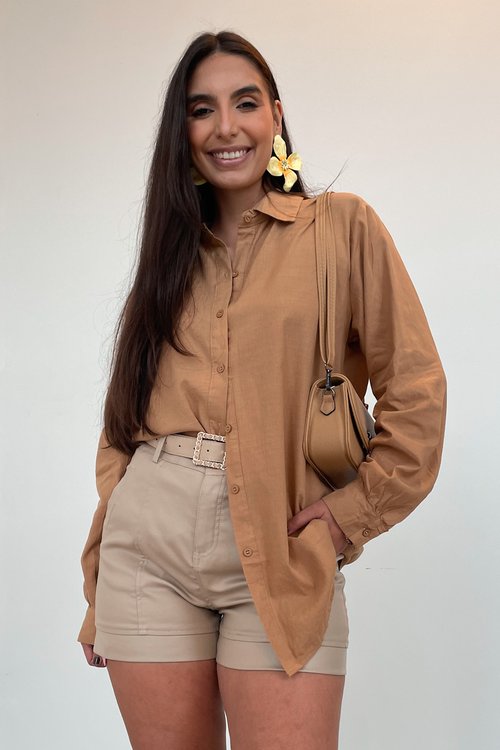 Camisa Feminina Alongada Tradicional de Algodão Mabel - Nude