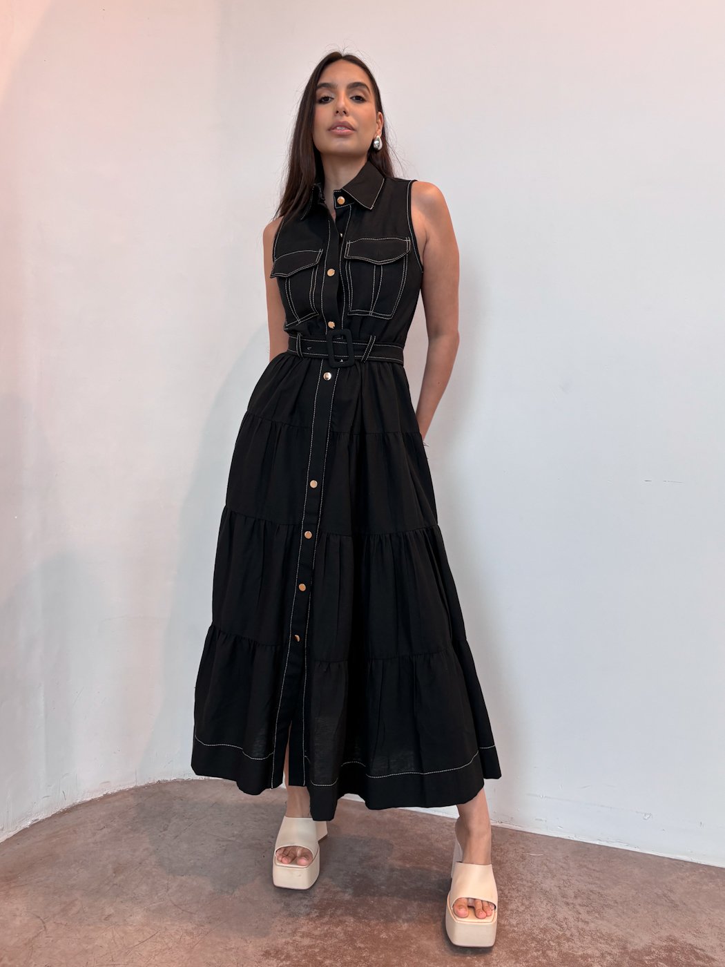 54 vestido midi feminino pespontado de linho layla