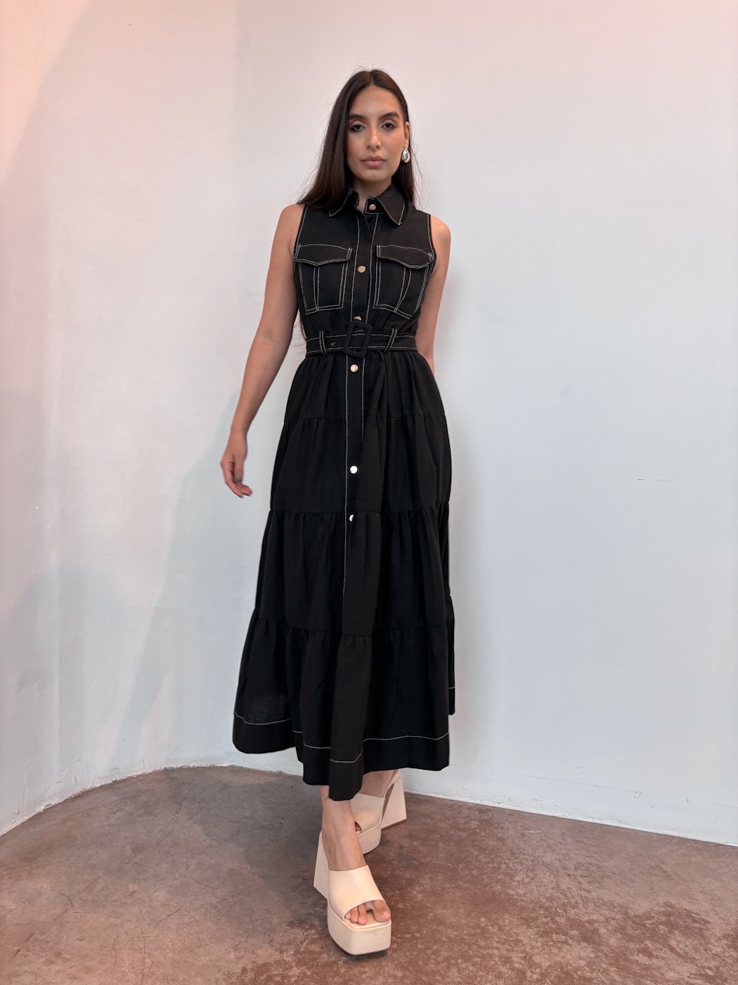 58 vestido midi feminino pespontado de linho layla