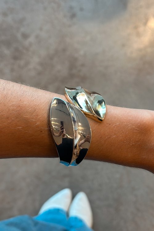 03 bracelete 2 folhas dourada e prata robusto 3d duda