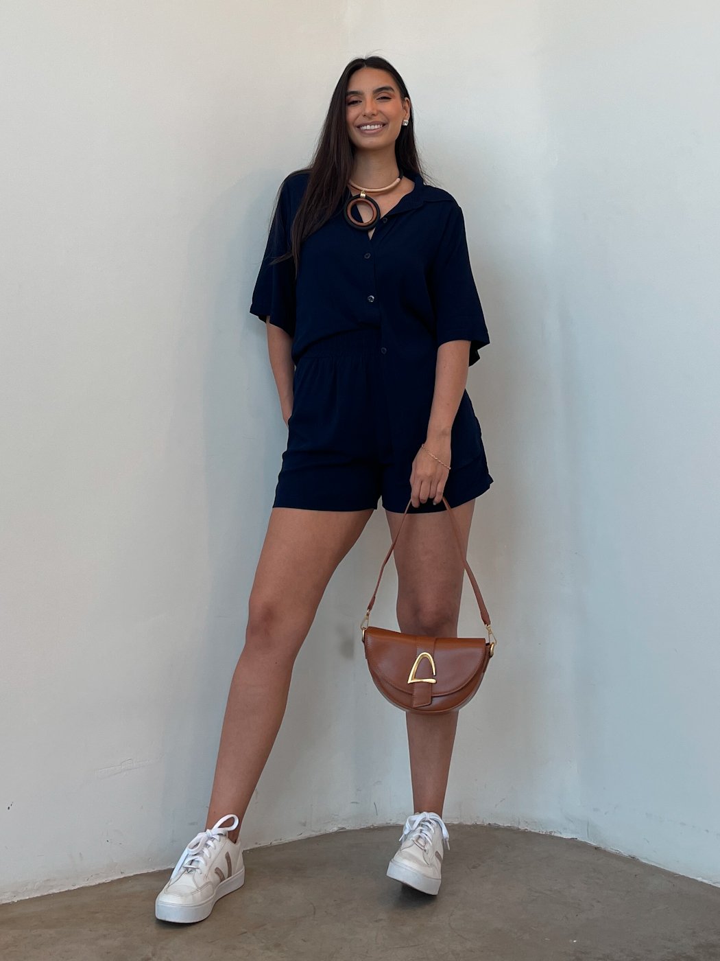 03 conjunto feminino camisa manga curta e shorts viscose elisa