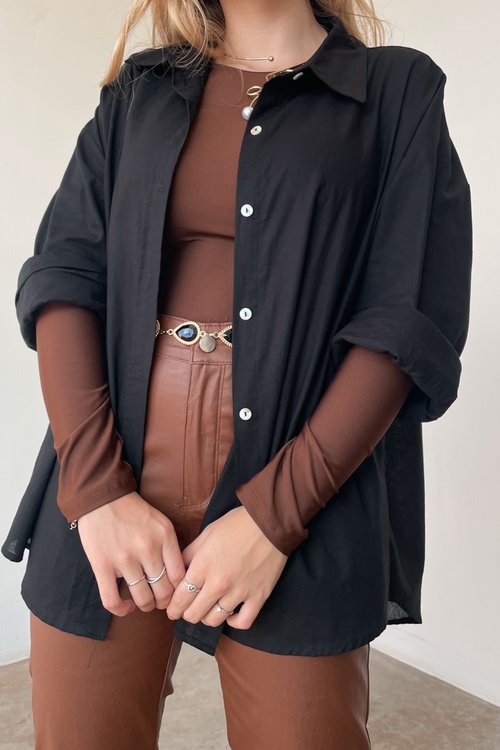 Camisa Feminina Classica Algodão e Linho Mayra - Preto