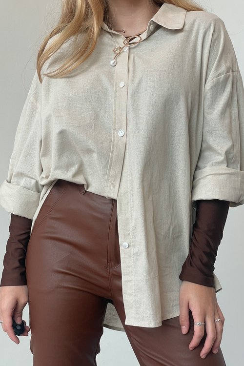 Camisa Feminina Classica Algodão e Linho Mayra - Creme