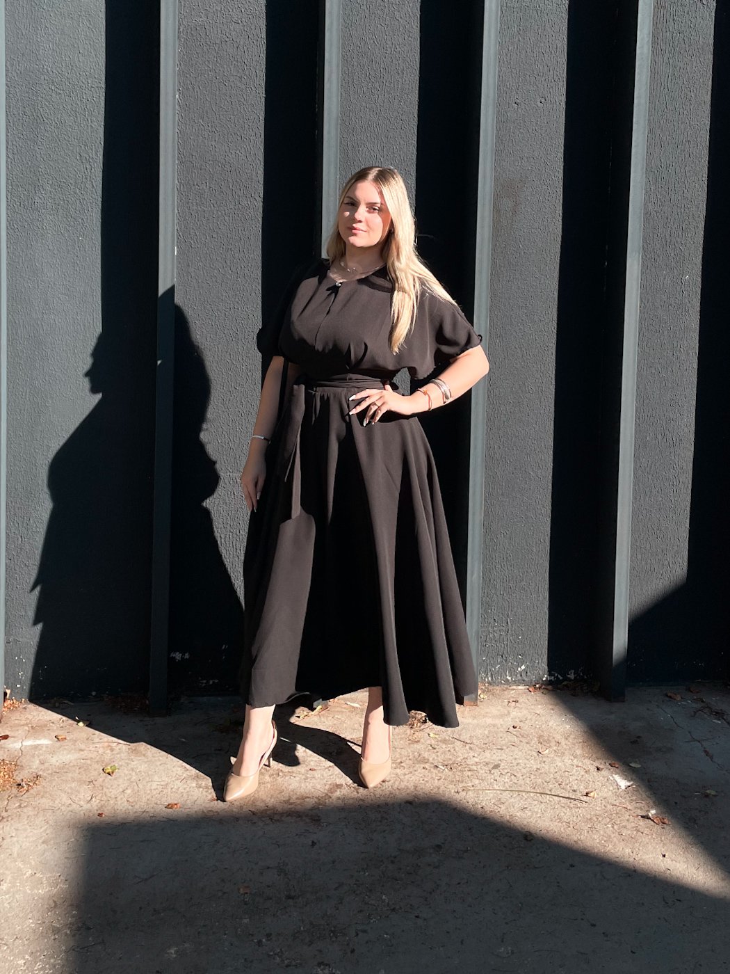 21 vestido midi manga ampla cinto faixa com ziper nas costas larissa