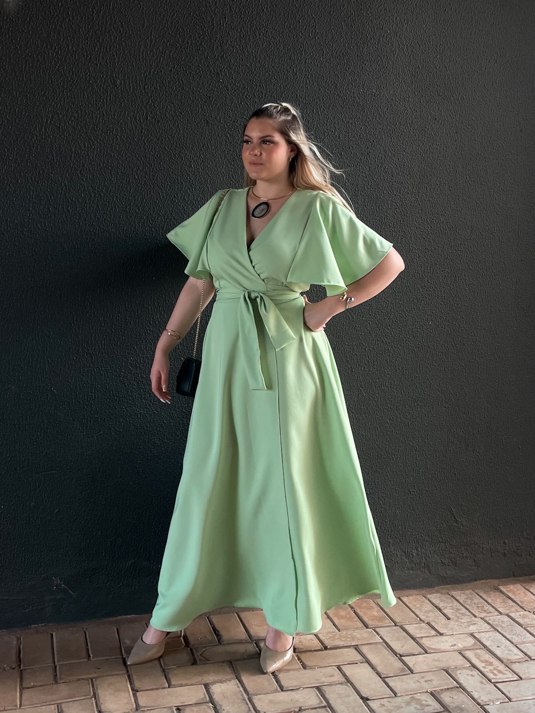 23 vestido feminino midi elegante envelope transpassado com manga ampla de festa kami