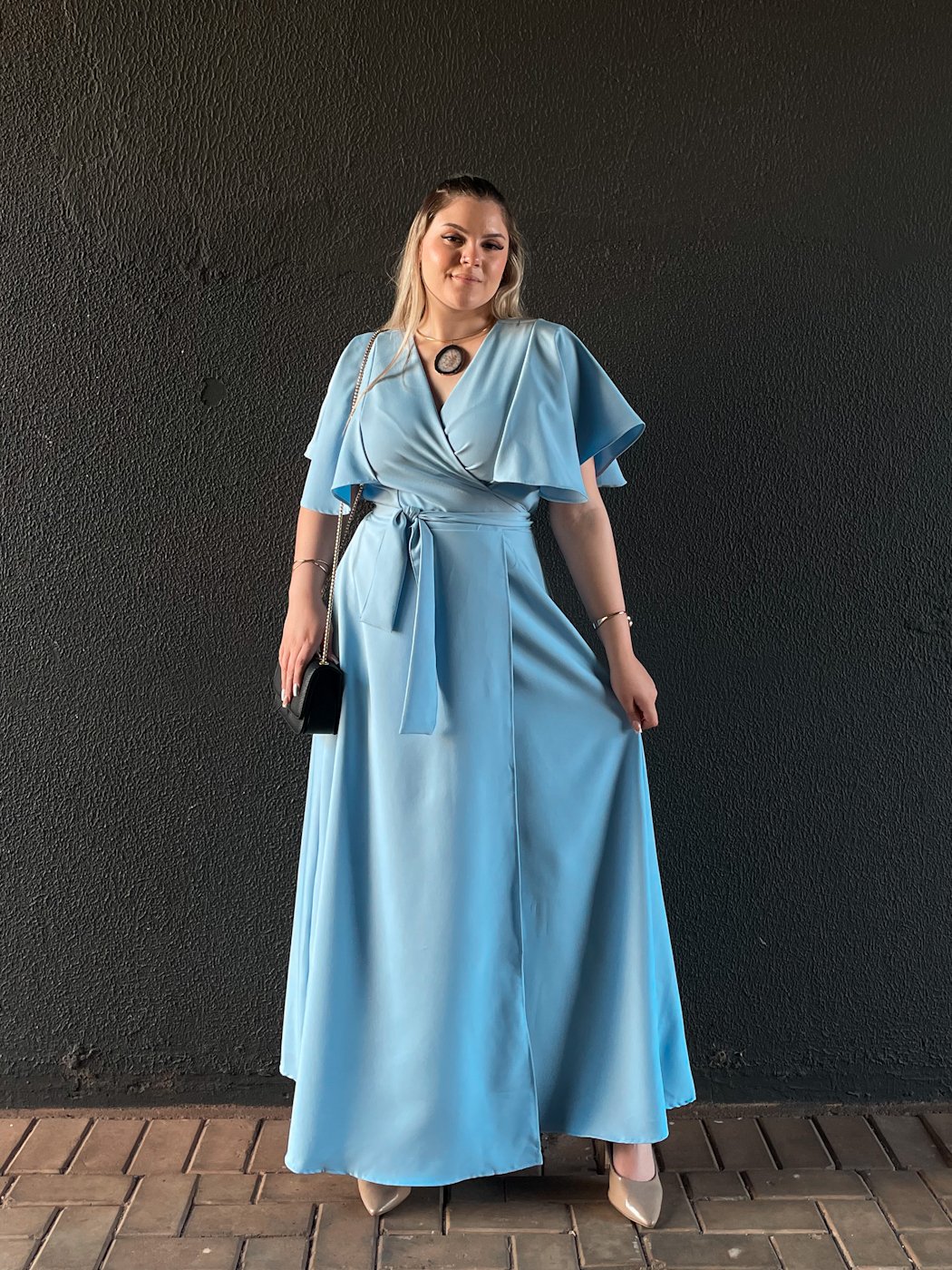 25 vestido feminino midi elegante envelope transpassado com manga ampla de festa kami