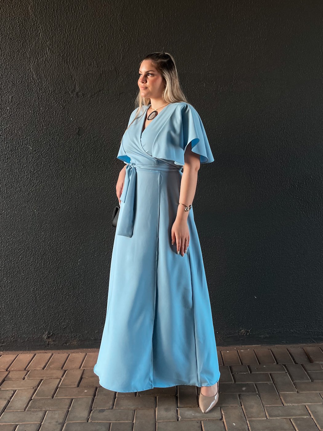 26 vestido feminino midi elegante envelope transpassado com manga ampla de festa kami