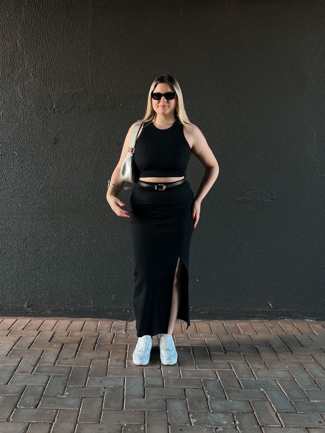 01 saia feminina longa canelada com fenda michele