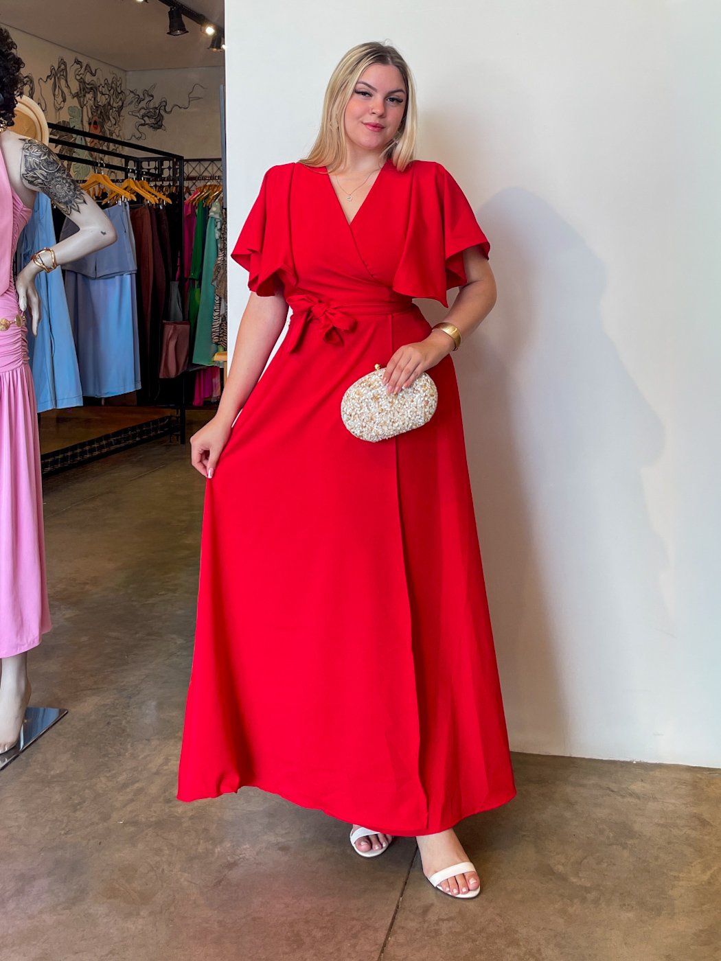 51 vestido feminino midi elegante envelope transpassado com manga ampla de festa kami