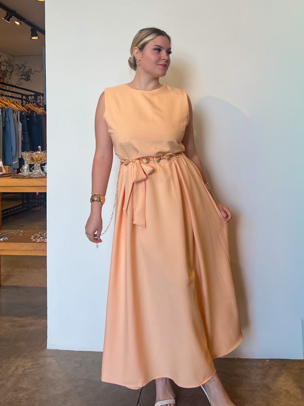 51 vestido feminino midi regata com cinto faixa classico eduarda