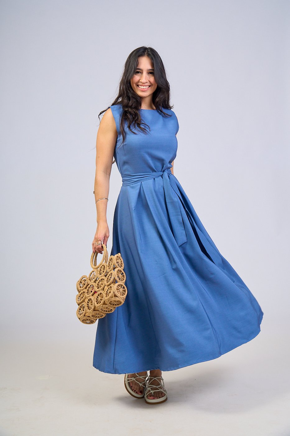 70 vestido feminino midi regata com cinto faixa classico eduarda