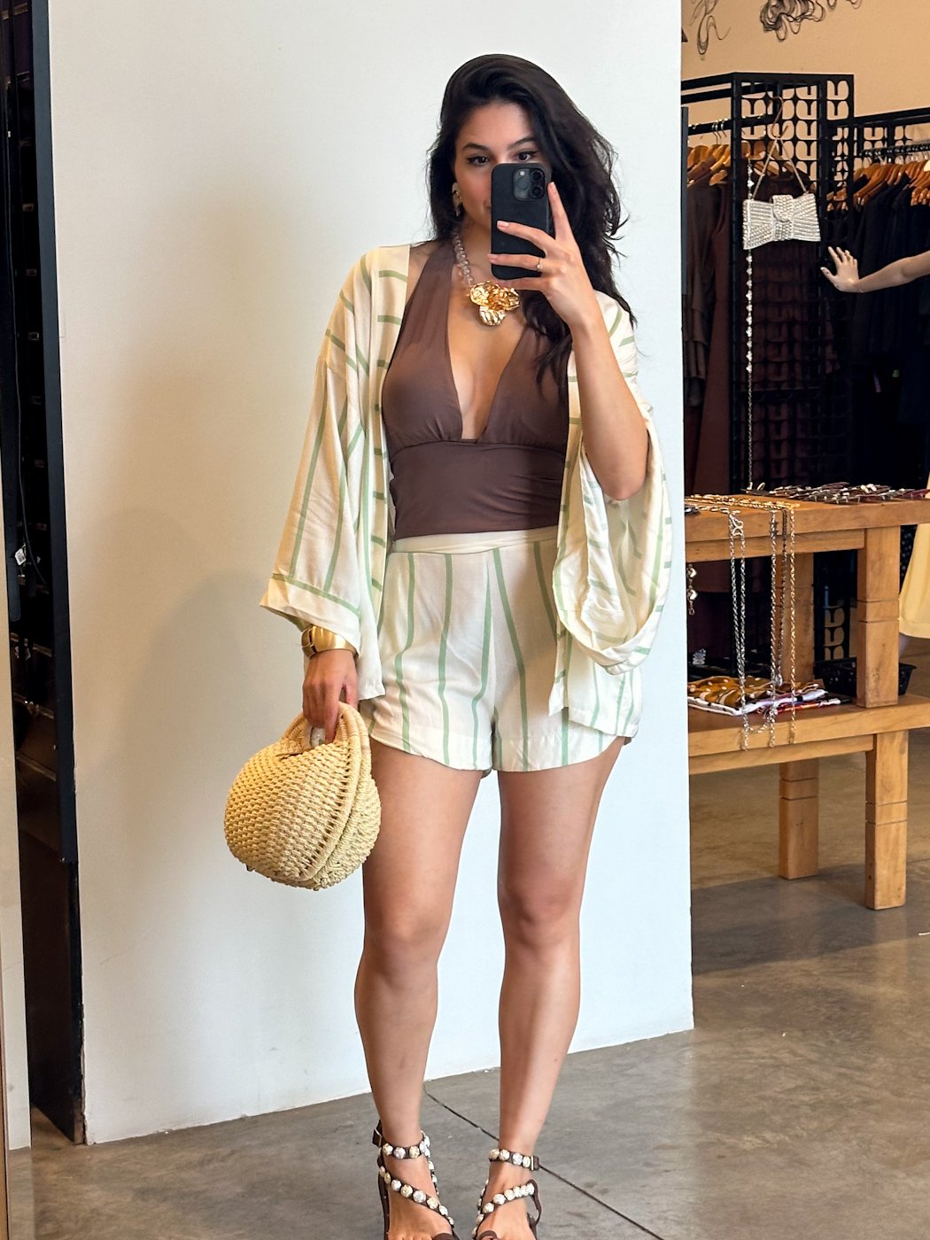 02 conjunto feminino de kimono e short listrado largo amanda