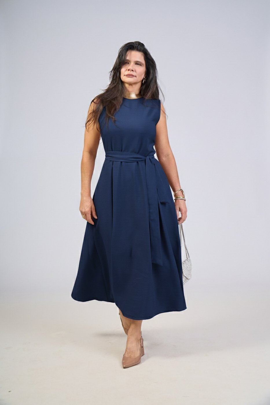 102 vestido feminino midi regata com cinto faixa classico eduarda