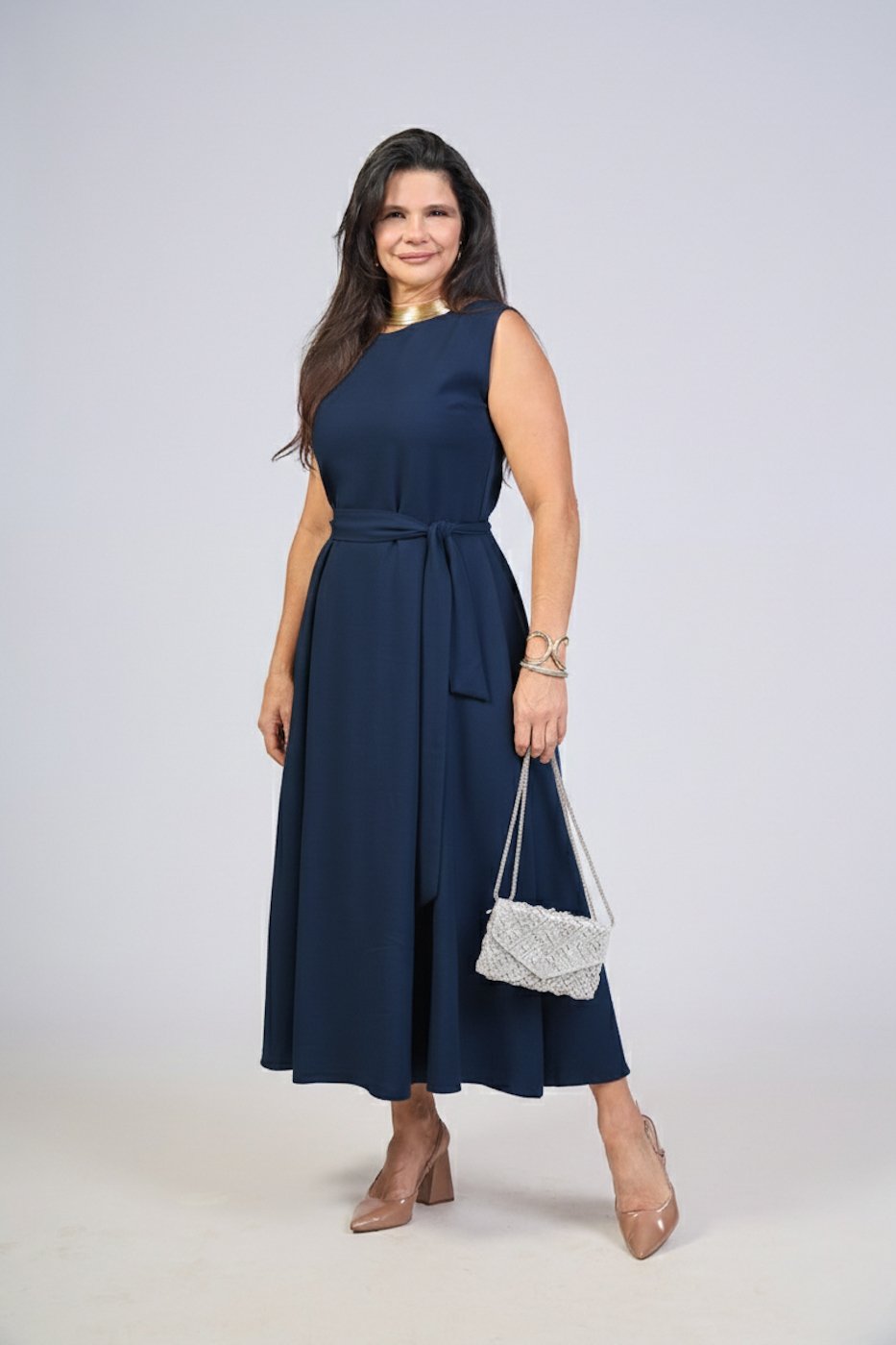 105 vestido feminino midi regata com cinto faixa classico eduarda
