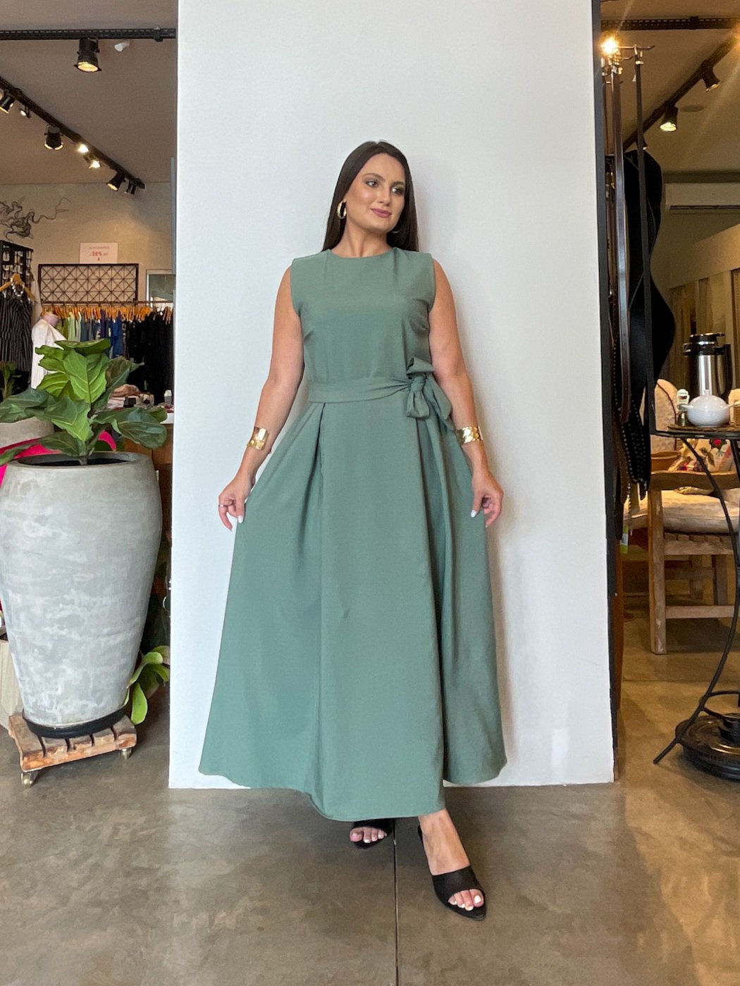 107 vestido feminino midi regata com cinto faixa classico eduarda