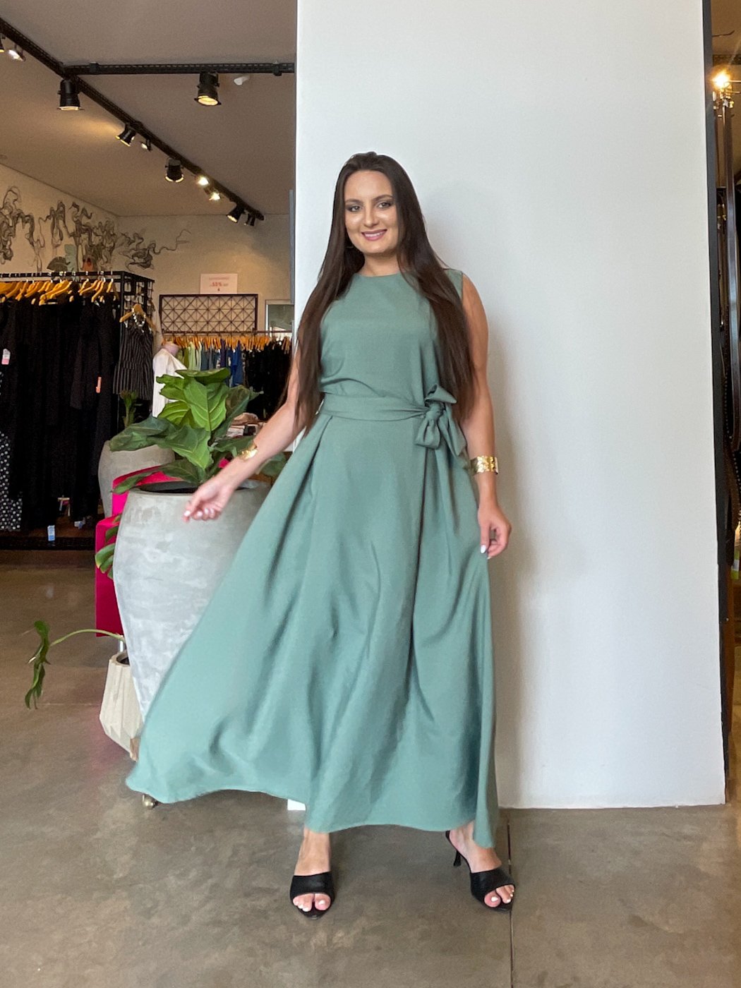 110 vestido feminino midi regata com cinto faixa classico eduarda