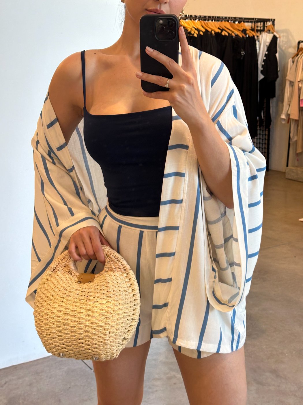 06 conjunto feminino de kimono e short listrado largo amanda