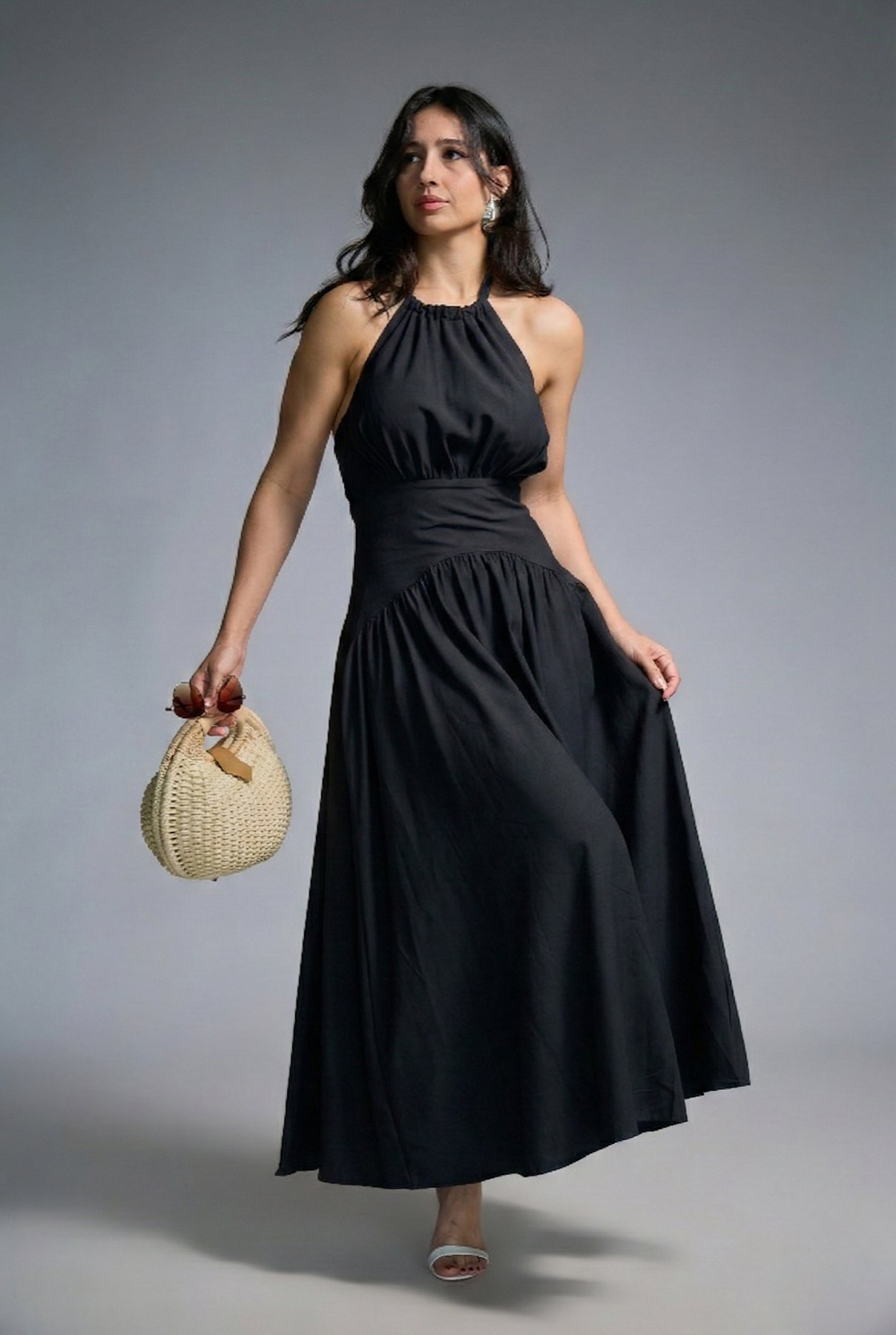 14 vestido longo com pala na cintura amarrar pescoco e costas lia