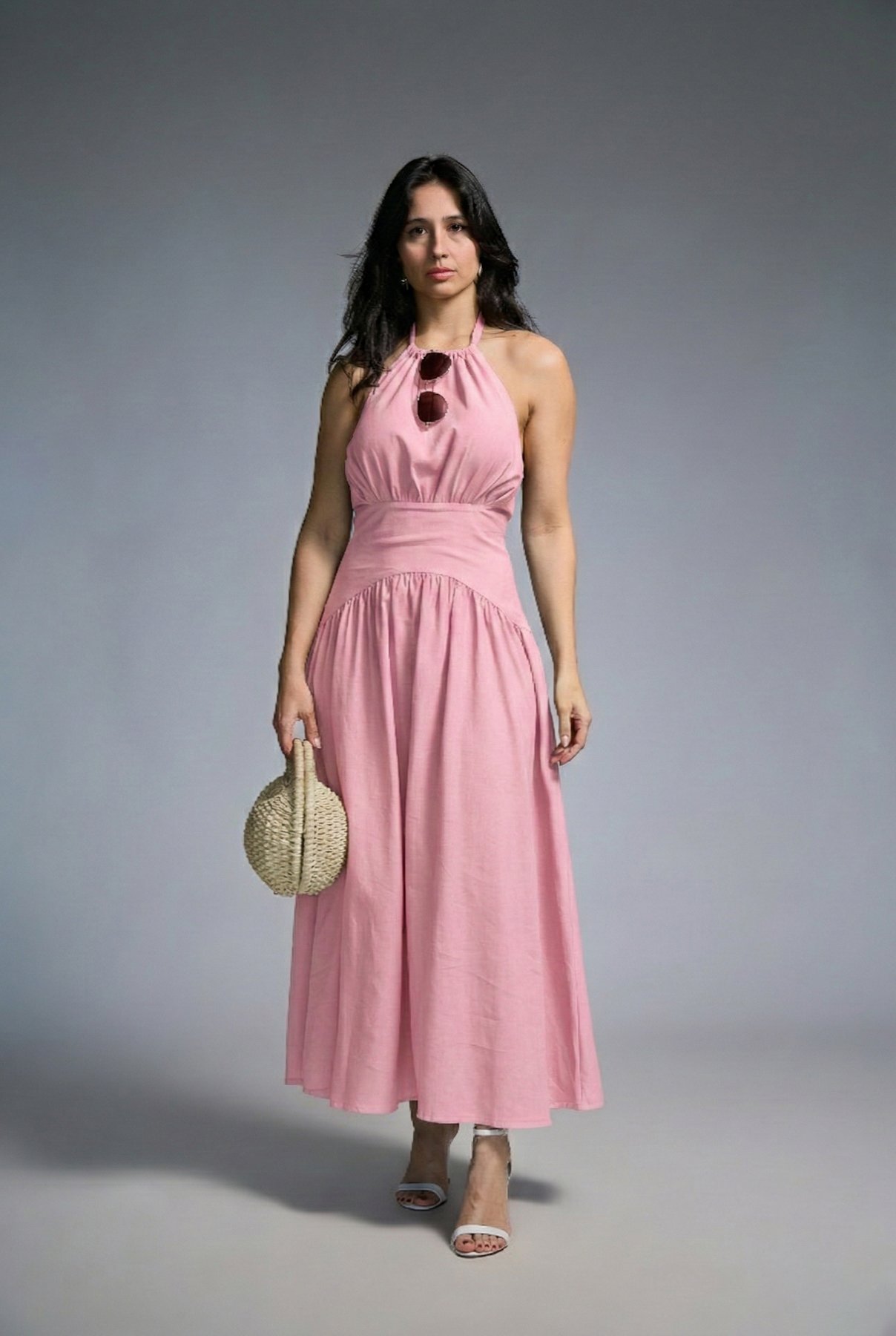 17 vestido longo com pala na cintura amarrar pescoco e costas lia