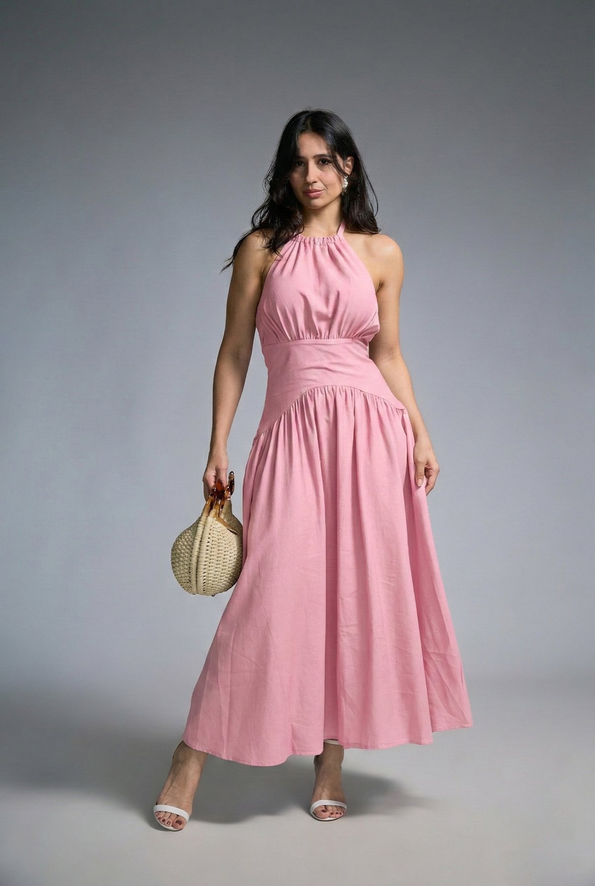 18 vestido longo com pala na cintura amarrar pescoco e costas lia