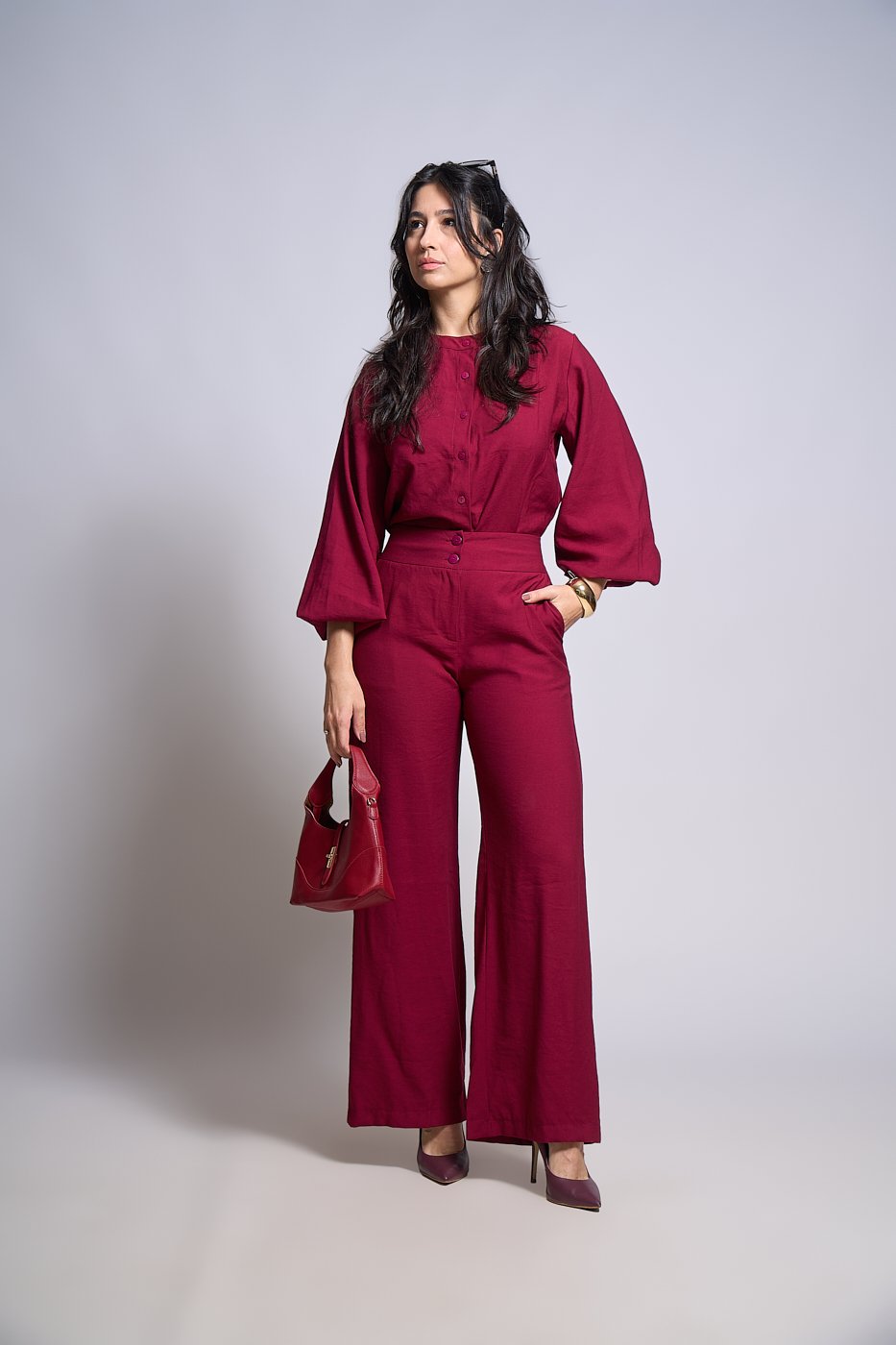 03 conjunto de calca pantalona com cos largo e blusa manga longa jordana