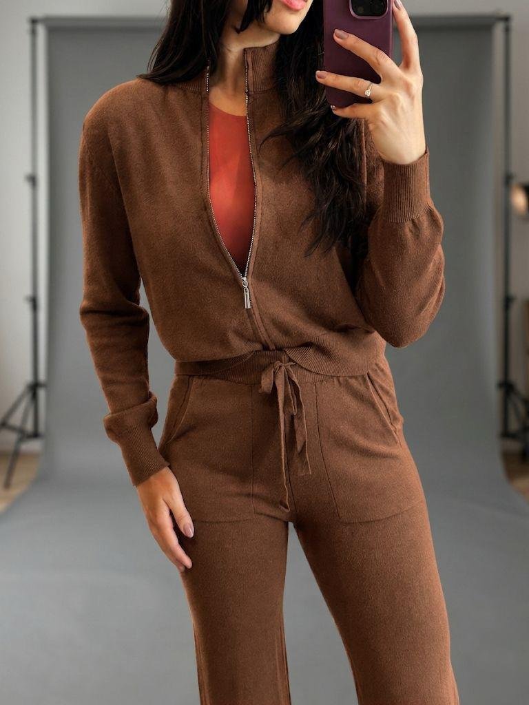 09 conjunto de blusa com ziper e calca pantalona em linha modal babi