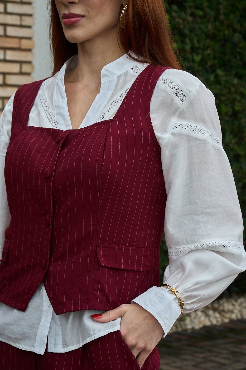 20 conjunto colete decote quadrado com calca social risca de giz luisa