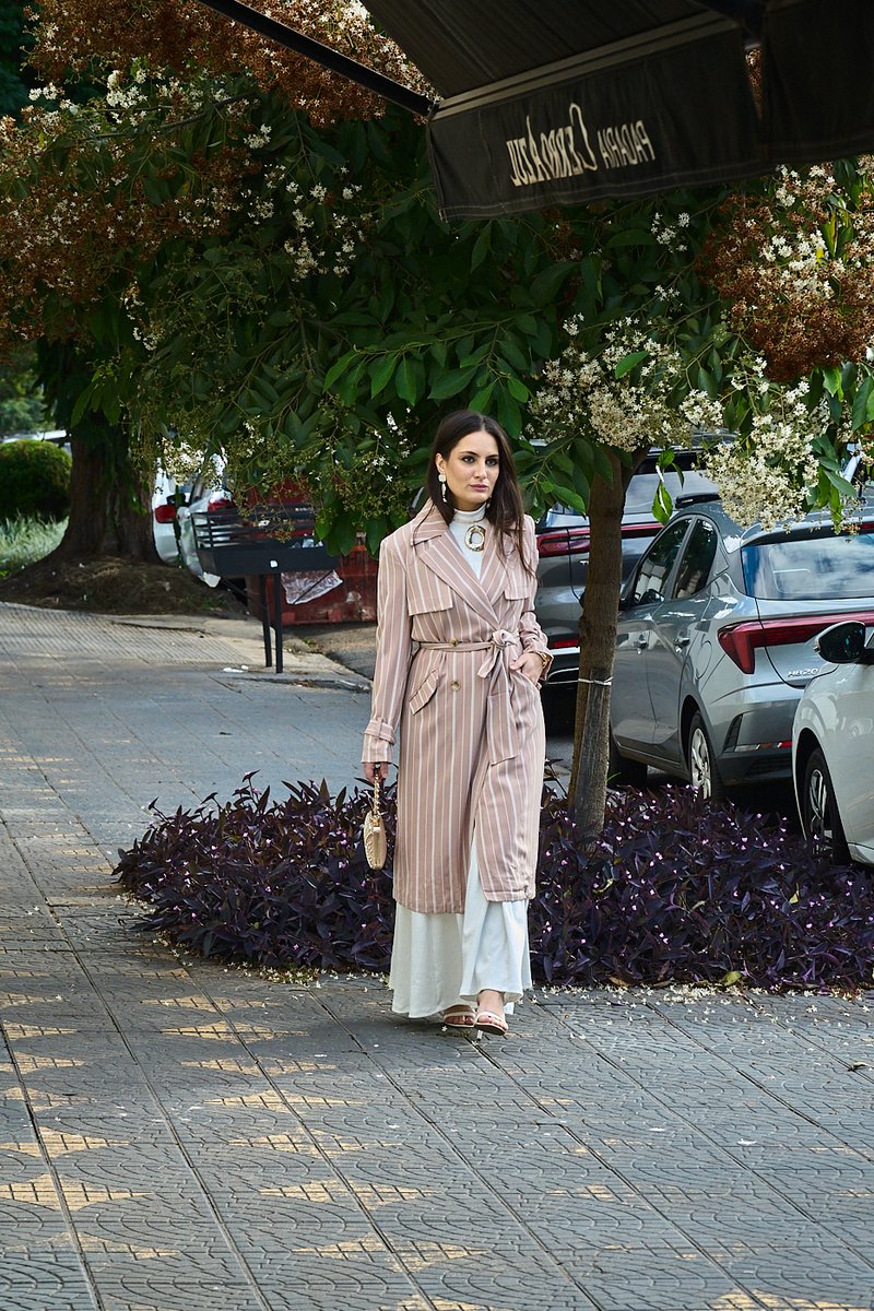 Sobretudo Trench Coat Listrado Urban Olivia - Cor de Pimenta