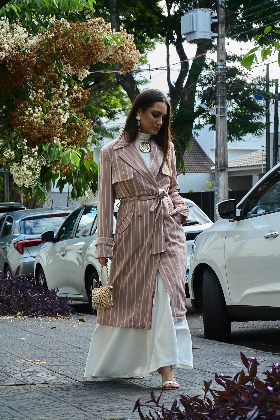 【 Urban unique 】 high-neck strap coat Sobretudo Trench Coat Listrado Urban Olivia - Cor de Pimenta