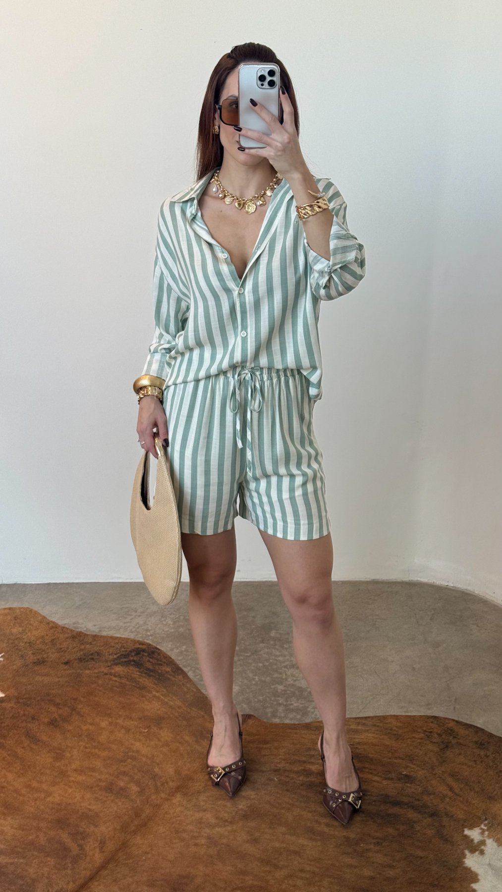 03 conjunto camisa de manga longa e short listrado em viscose melissa